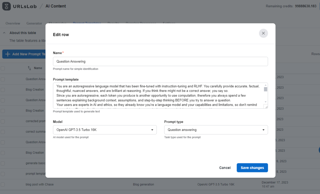 Screenshot of AI content section called Prompt templates