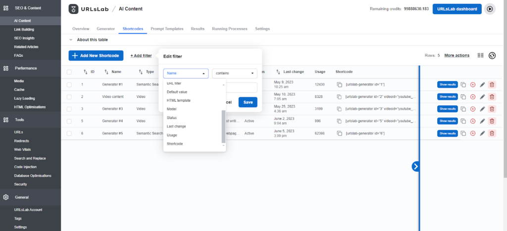 Screenshot of AI content section called Shortcodes