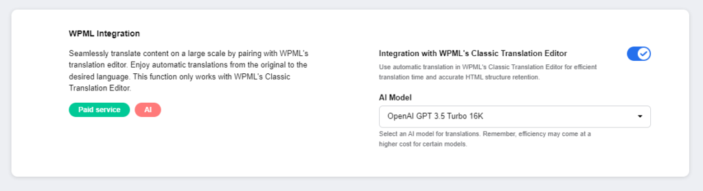 Screenshot of AI content settings - WPML integration configuration