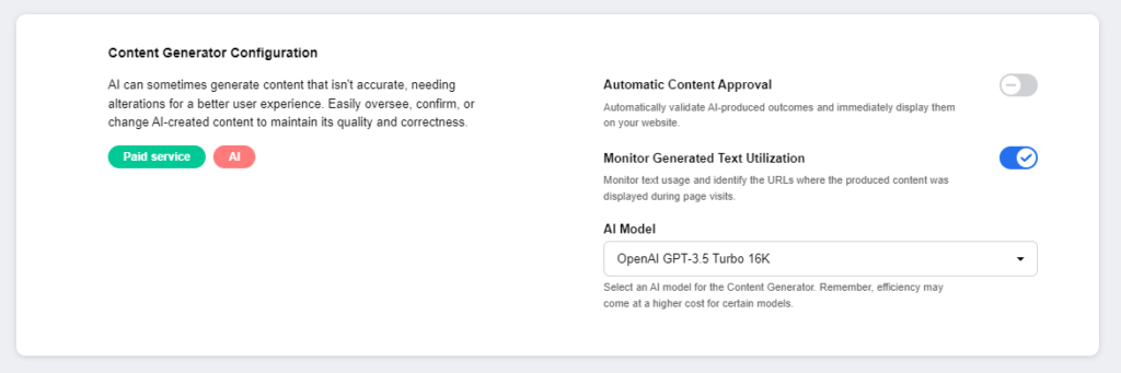Screenshot of AI content settings - content generator configuration