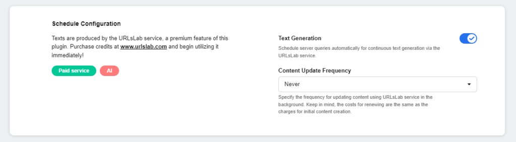 Screenshot of AI content settings - schedule configuration