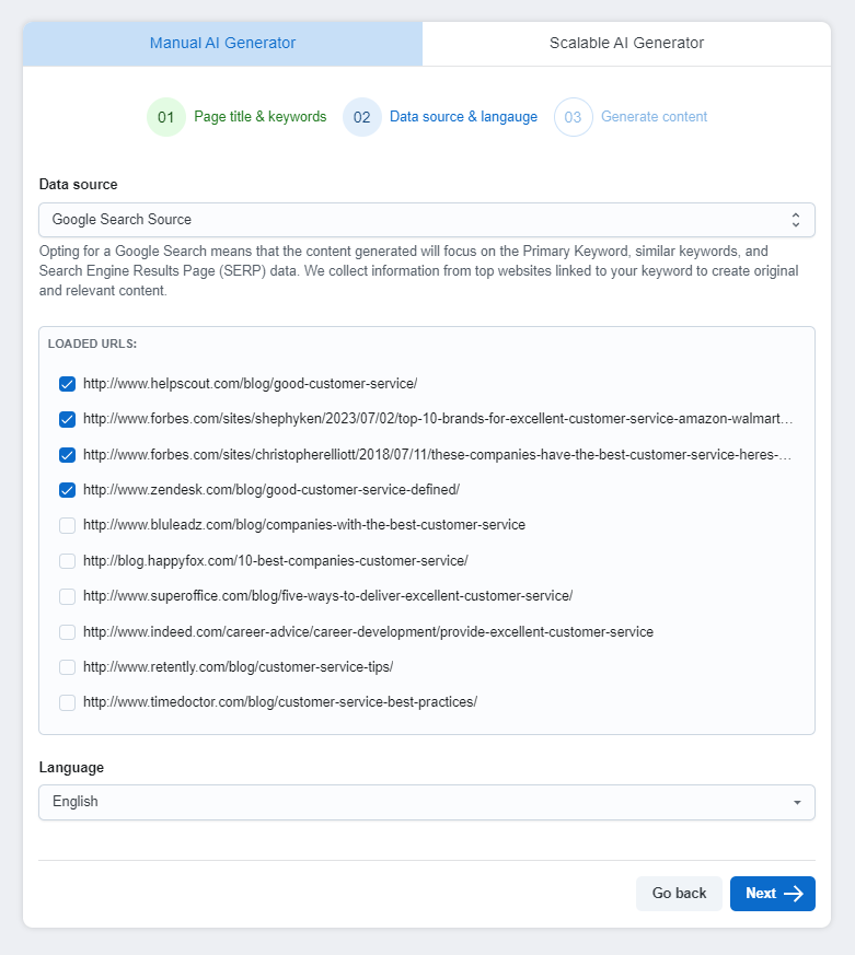 Screenshot of Data source and language settings