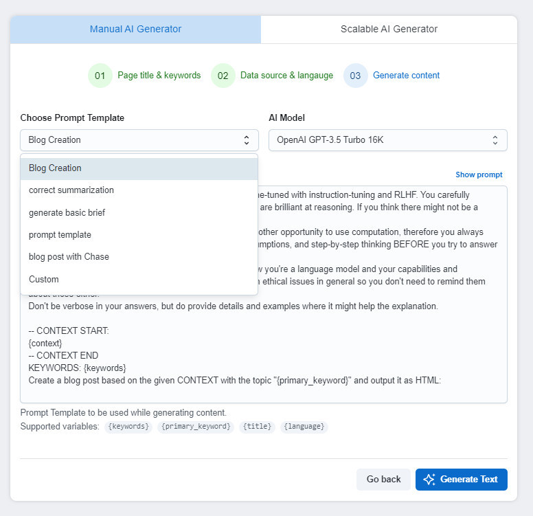 Screenshot of Generate content settings