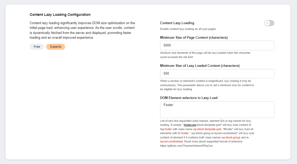 Screenshot of URLsLab's Content Lazy Loading Configuration