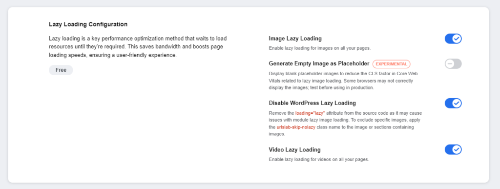 Screenshot of URLsLab's Lazy Loading configuration