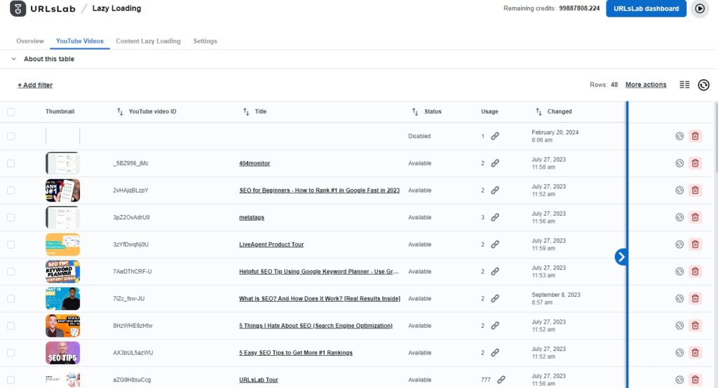 Screenshot of URLsLab's Lazy loading - section Youtube videos