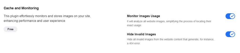 Screenshot of the URLsLab Media feature settings for cache and monitoring