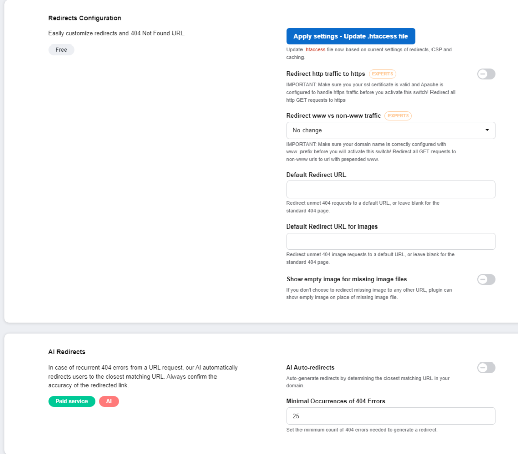 Screenshot of URLsLab's Redirects configuration