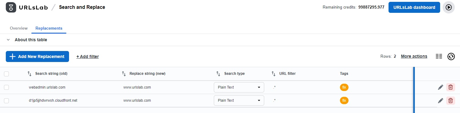 Screenshot of the URLsLab’s Search and Replace feature