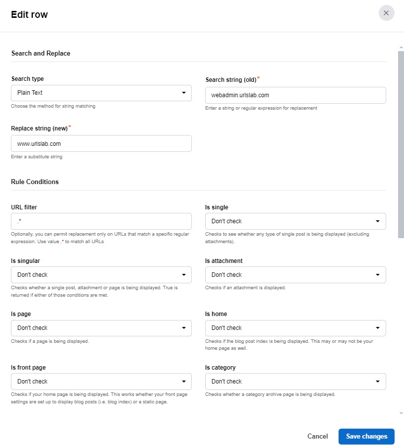 Screenshot of the URLsLab’s Search and Replace settings