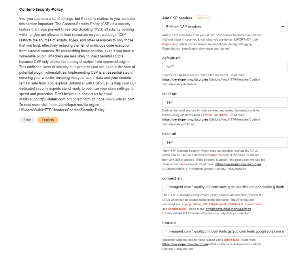 Screenshot of URLsLab’s Content-security-policy settings