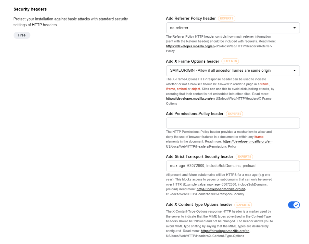 Screenshot of URLsLab’s settings regarding Security headings