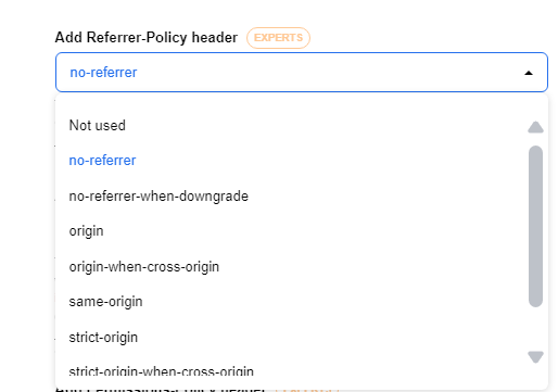 Screenshot of dropdown menu in refer-policy header settings