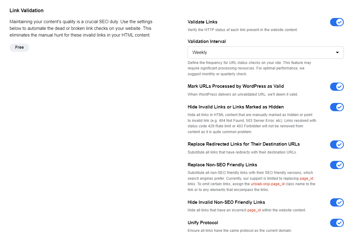 A screenshot of link validation settings
