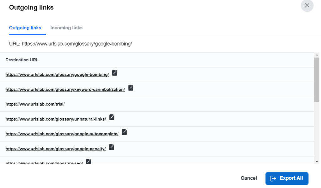 A screenshot of outgoing and incoming links