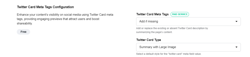 A screenshot of twitter card meta tags configuration