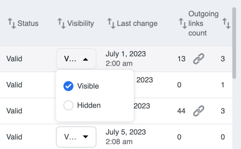 A screenshot of visible and hidden visibility option